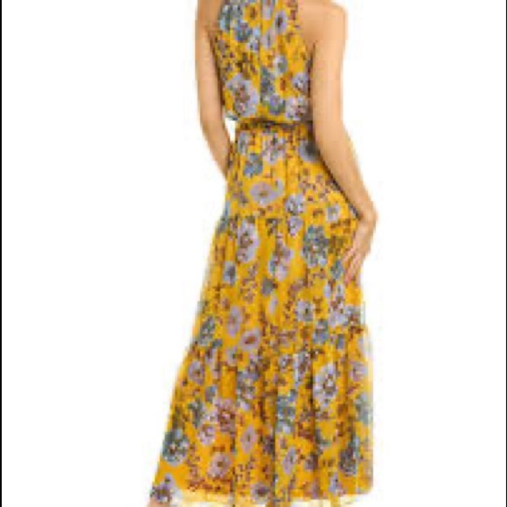 JULIA JORDAN maxi dress mustard yellow blue FLORAL tiered lined chiffon LIKE NEW - Picture 3 of 6
